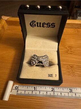 WhimsiGoth Guess Silver Bow Ring with Clear Crystals